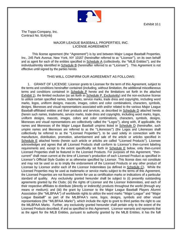 Major League Baseball Properties, Inc. License Agreement screenshot