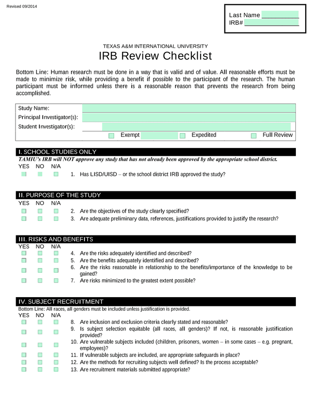 IRB Review Checklist screenshot