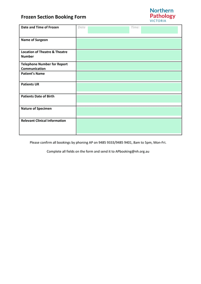 Frozen Section Booking Form screenshot