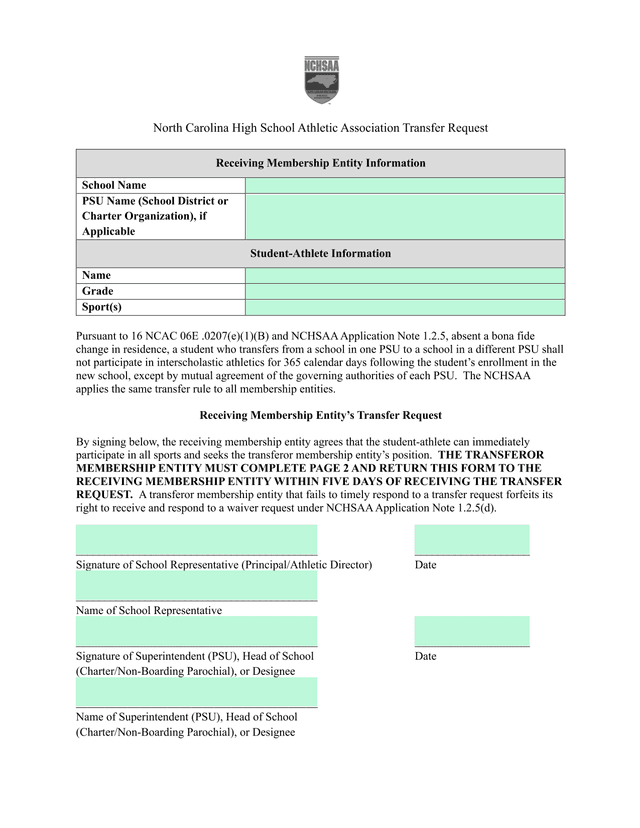 North Carolina High School Athletic Association Transfer Request screenshot