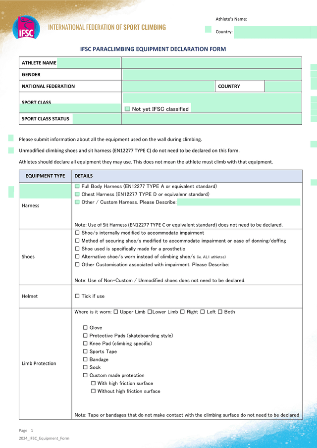 2024 IFSC Equipment Form screenshot