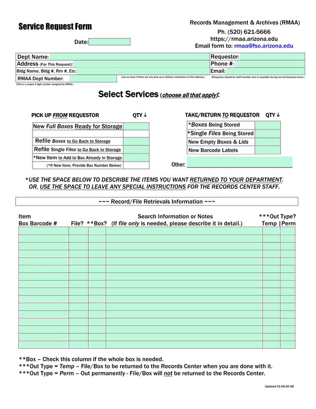 Service Request Form screenshot