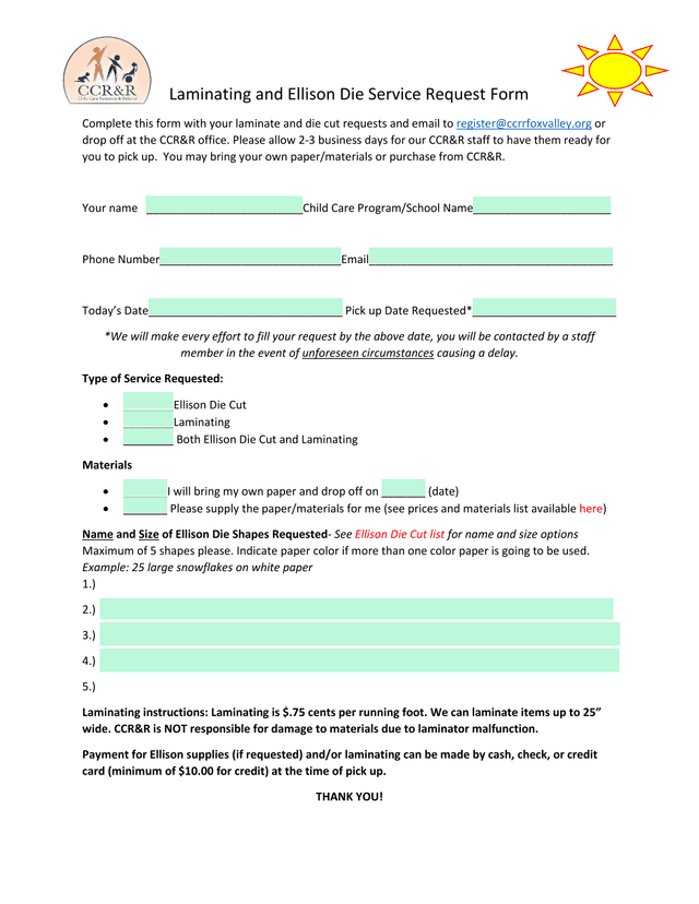 Laminating And Ellison Die Service Request Form screenshot
