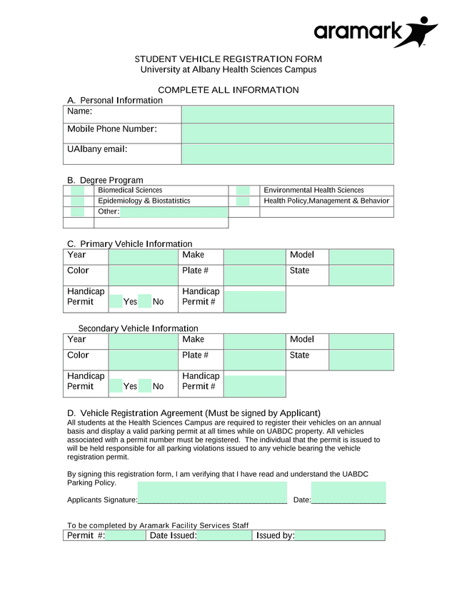 Student Vehicle Registration Form screenshot