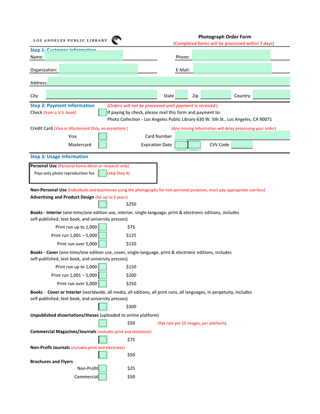 Photograph Order Form screenshot