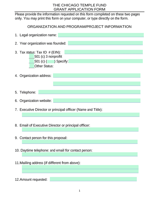 The Chicago Temple Fund Grant Application Form screenshot