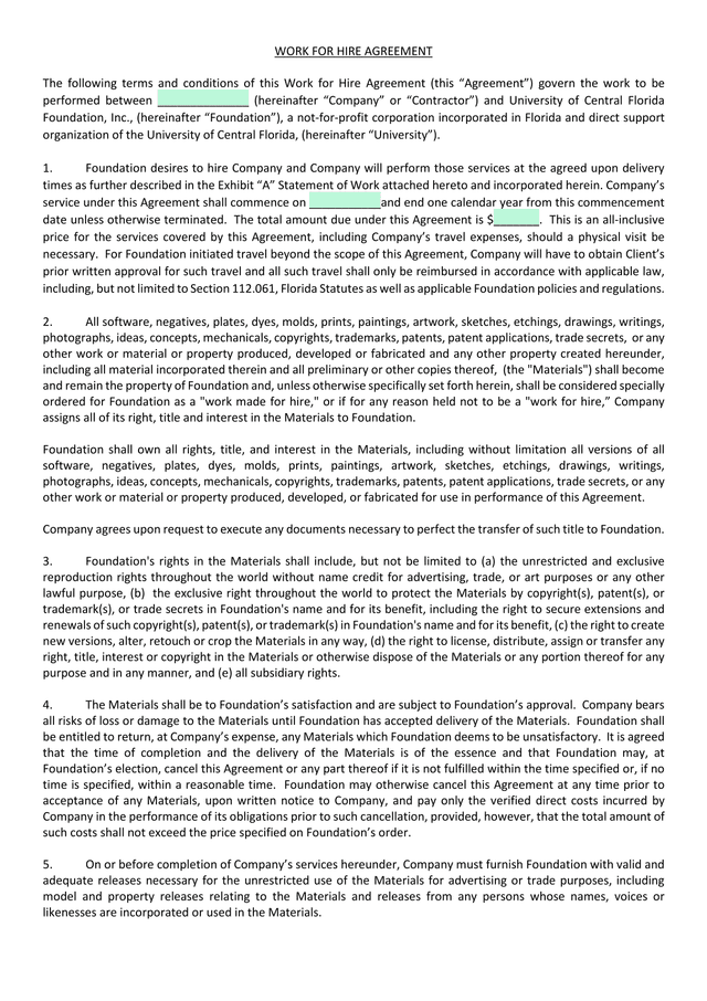 Work For Hire Agreement screenshot