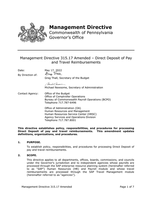 Management Directive 315.17 Amended  Direct Deposit Of Pay And Travel Reimbursements screenshot