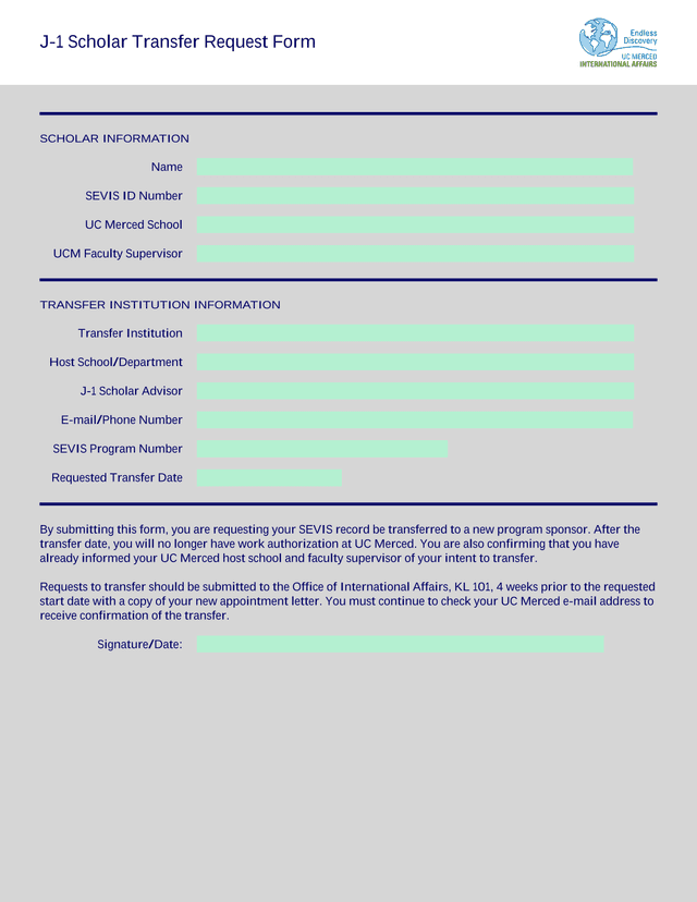 J 1 Scholar Transfer Request Form screenshot