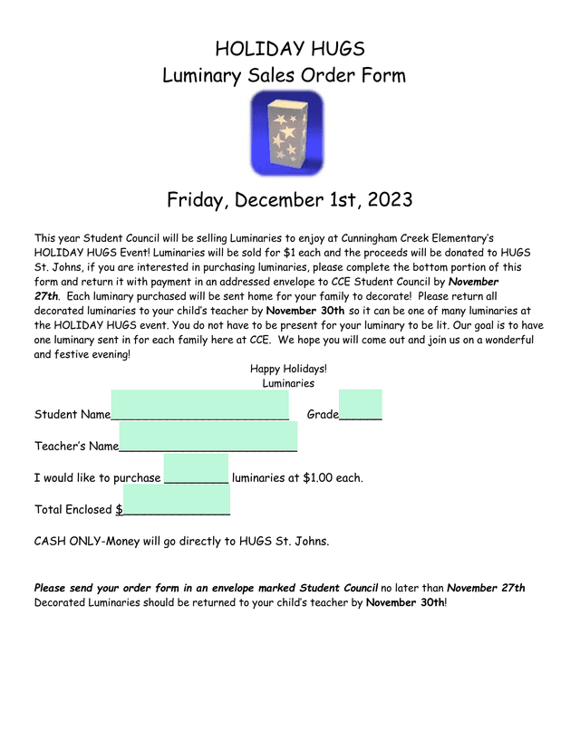 Holiday Hugs Luminary Sales Order Form screenshot