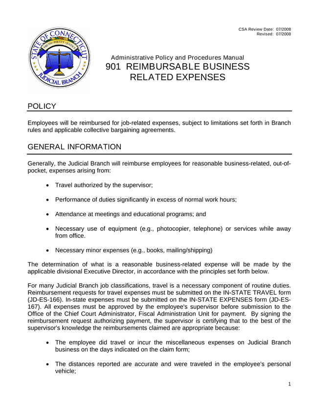 Administrative Policy And Procedures Manual 901 REIMBURSABLE BUSINESS RELATED EXPENSES screenshot