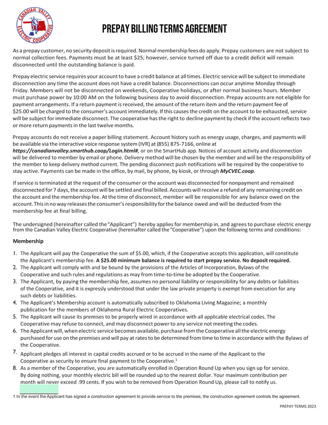 PREPAY Billing Terms Agreement screenshot