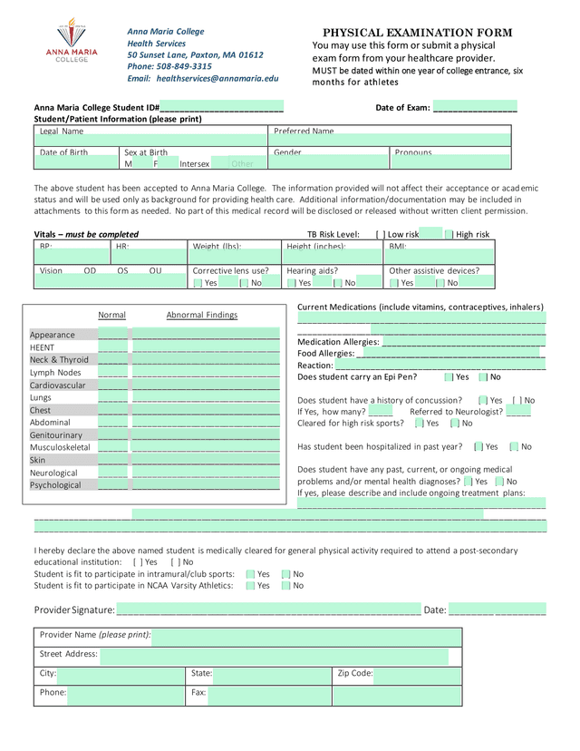PHYSICAL EXAMINATION FORM screenshot