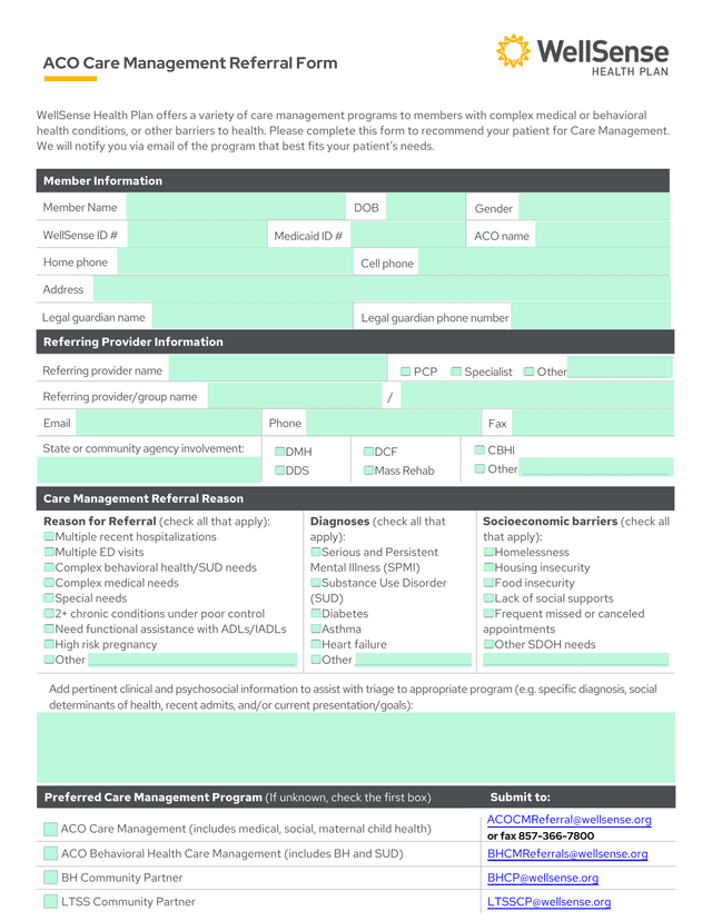 ACO Care Management Referral Form screenshot