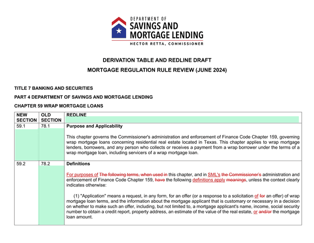 DERIVATION TABLE AND REDLINE DRAFT   MORTGAGE REGULATION RULE REVIEW (JUNE 2024) screenshot