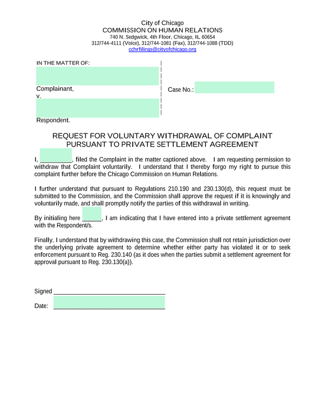 Request For Voluntary Withdrawal Of Complaint screenshot