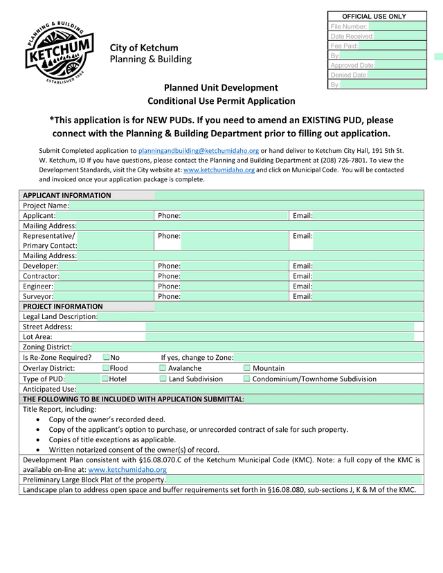 Planned Unit Development Conditional Use Permit Application screenshot