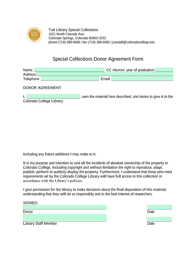 Special Collections Donor Agreement Form screenshot