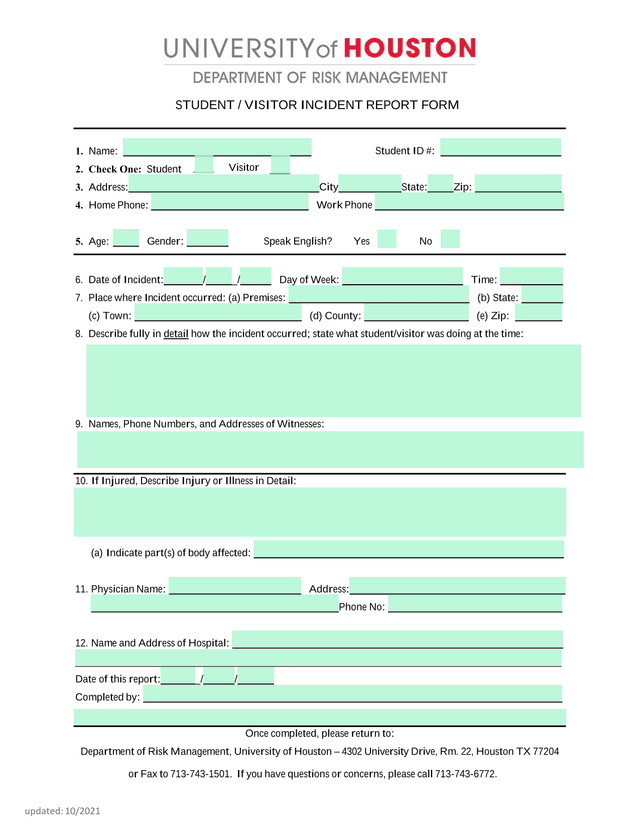 Student  Visitor Incident Report Form screenshot