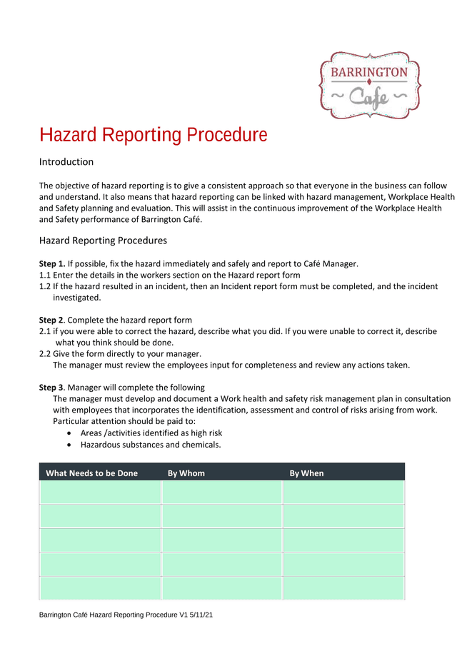 Barrington Caf Hazard Reporting Procedure screenshot