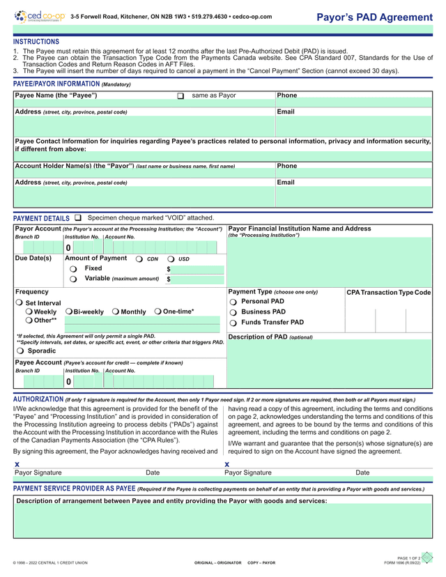 PayorS PAD Agreement screenshot