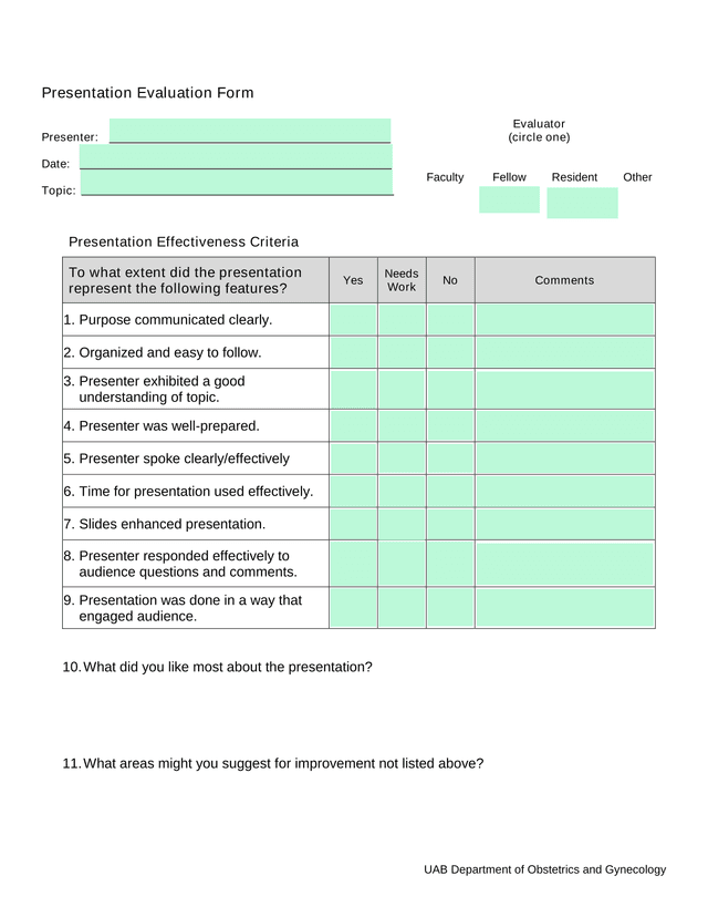 UAB Department Of Obstetrics And Gynecology Presentation Evaluation Form screenshot
