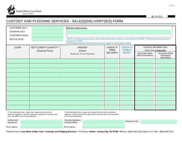 CUSTODY AND PLEDGING SERVICES   SALE(S)DELIVERY(IES) FORM screenshot