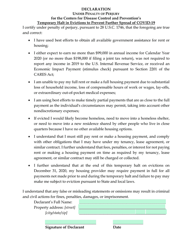 Declaration Under Penalty Of Perjury For CDC Temporary Halt In Evictions screenshot