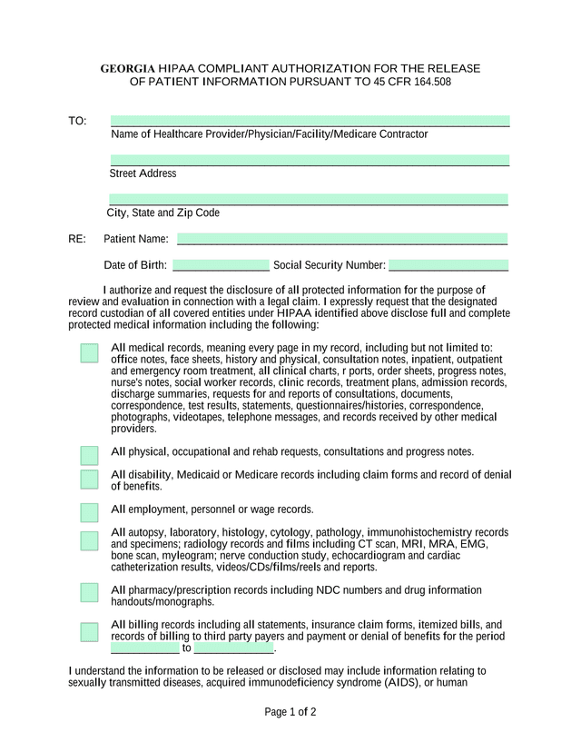Georgia HIPAA Compliant Authorization For The Release Of Patient Information screenshot