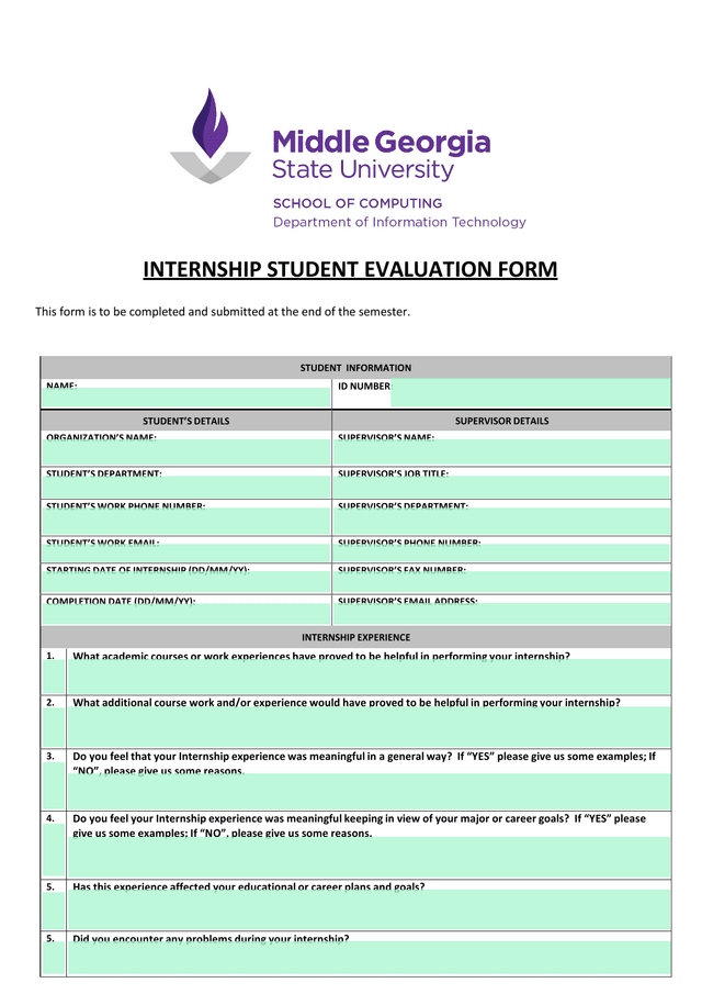 INTERNSHIP STUDENT EVALUATION FORM screenshot