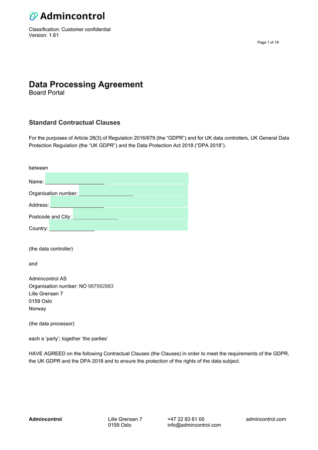 Data Processing Agreement Board Portal screenshot