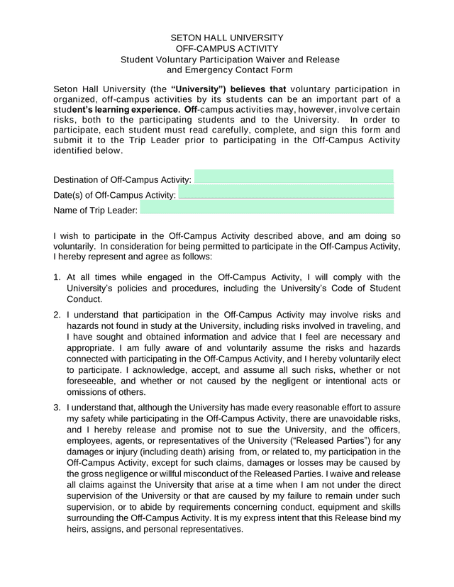 Seton Hall University Off Campus Activity Student Voluntary Participation Waiver And Release And Eme screenshot