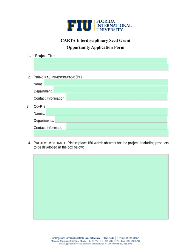 CARTA Interdisciplinary Seed Grant Opportunity Application Form screenshot