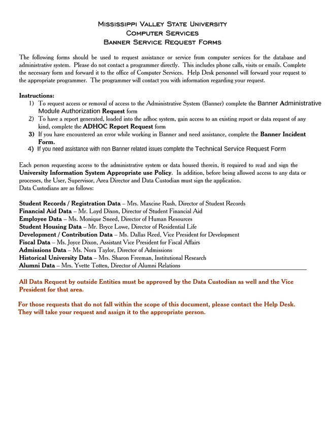 Banner Service Request Forms screenshot