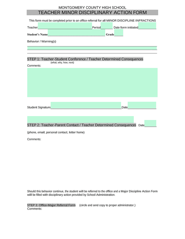 Teacher Minor Disciplinary Action Form screenshot