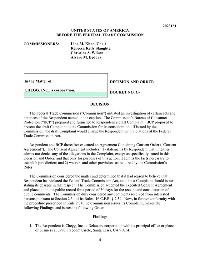 Federal Trade Commission   Decision And Order Regarding Chegg, Inc. screenshot