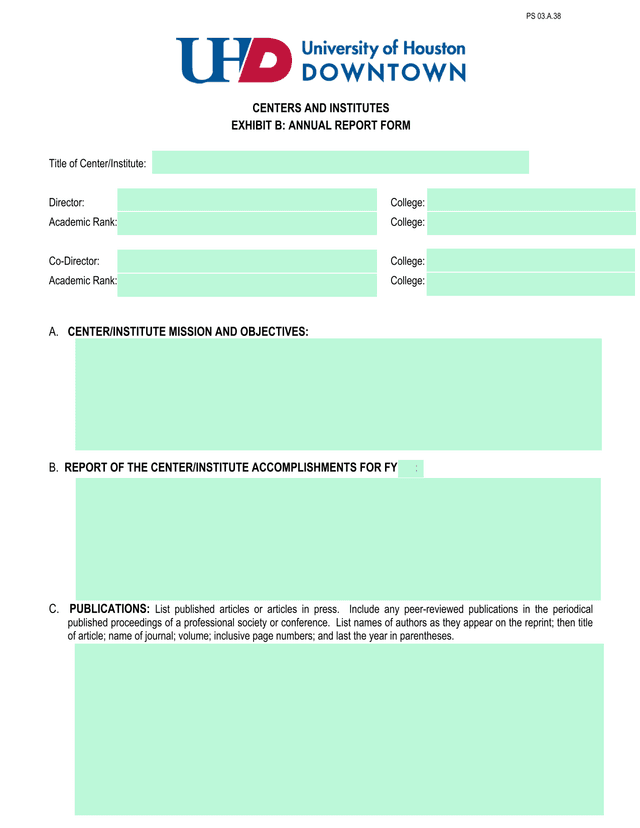 PS 03.A.38 CENTERS AND INSTITUTES EXHIBIT B ANNUAL REPORT FORM screenshot
