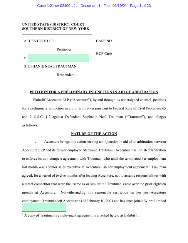 Petition For A Preliminary Injunction In Aid Of Arbitration screenshot