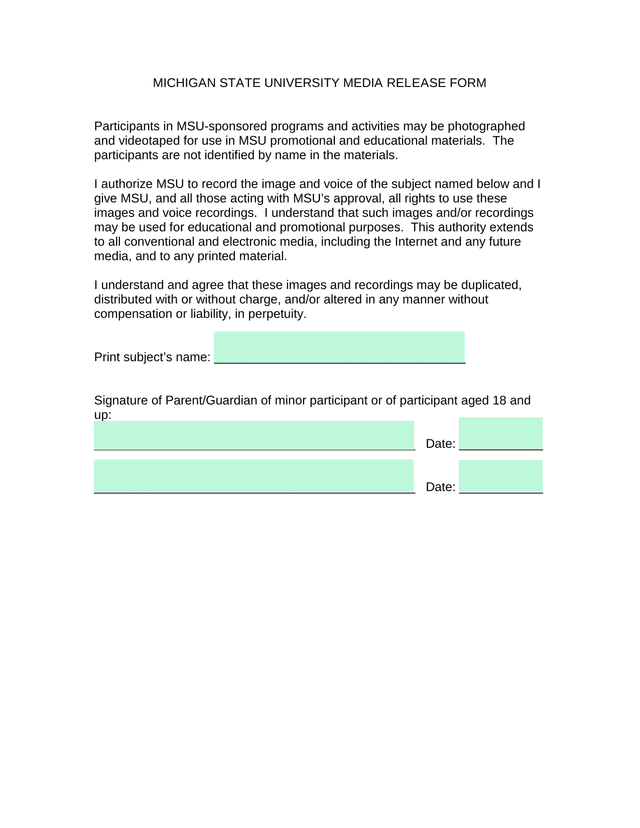 Michigan State University Media Release Form screenshot