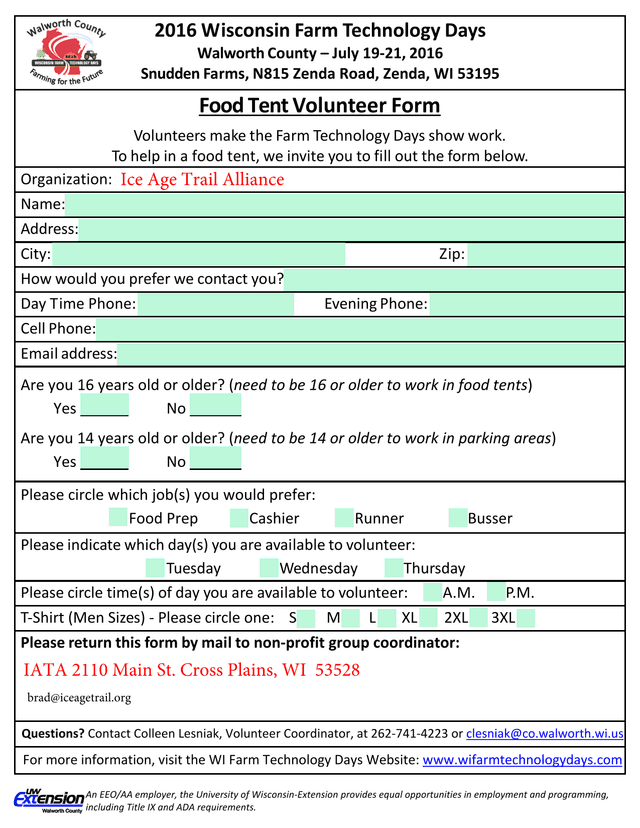 2016 Wisconsin Farm Technology Days Food Tent Volunteer Form screenshot