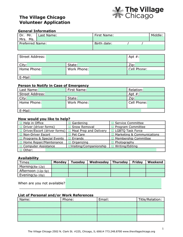 The Village Chicago Volunteer Application screenshot