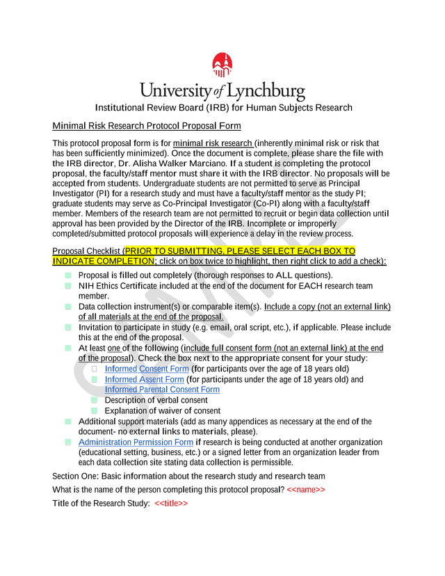 Institutional Review Board (IRB) For Human Subjects Research Minimal Risk Research Protocol Proposal screenshot