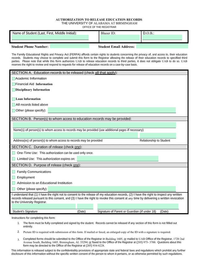 Authorization To Release Education Records screenshot