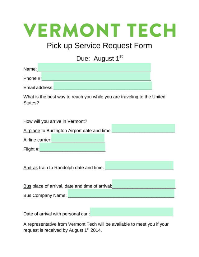 Pick Up Service Request Form screenshot