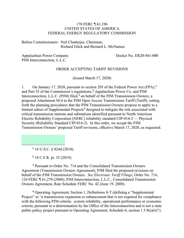Order Accepting Tariff Revisions screenshot