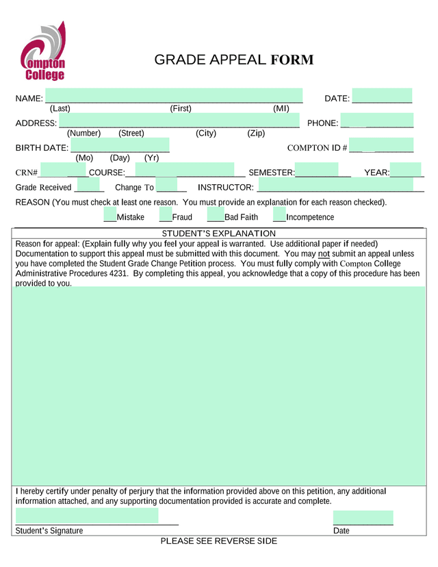 Grade Appeal Form screenshot