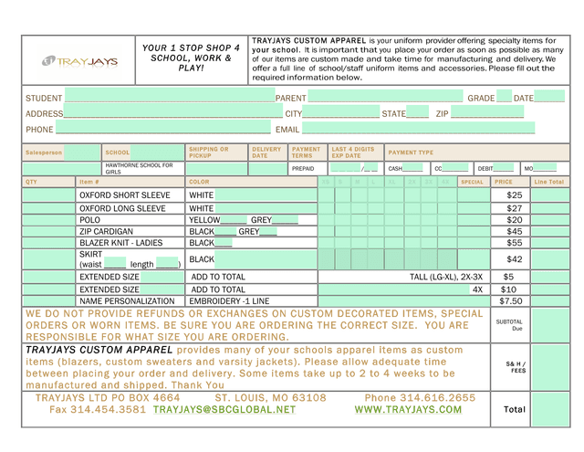 TrayJays Custom Apparel School Uniform Order Form screenshot