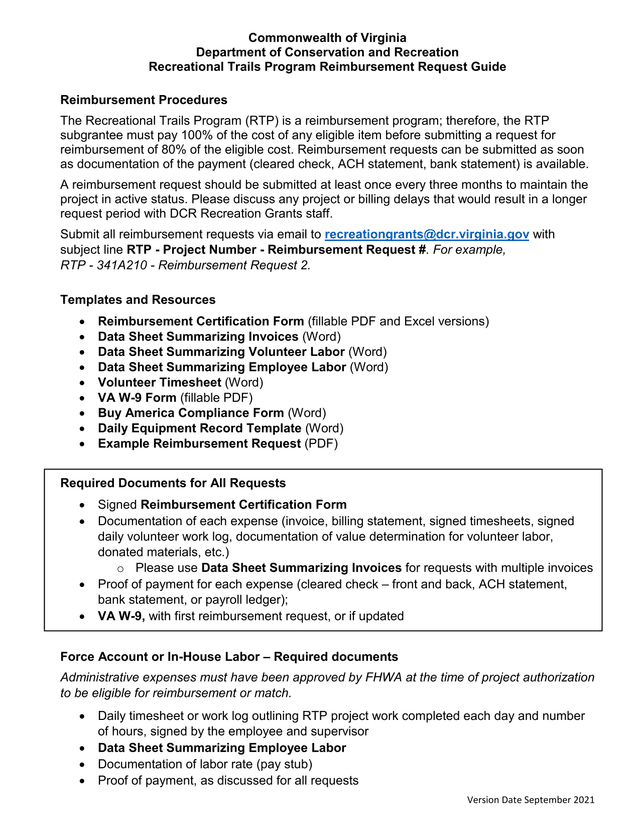 Recreational Trails Program Reimbursement Request Guide screenshot