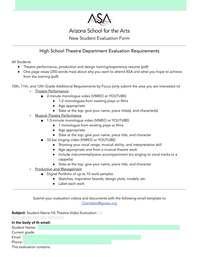 New Student Evaluation Form screenshot