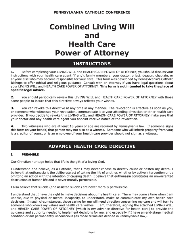 Pennsylvania Catholic Conference Combined Living Will And Health Care Power Of Attorney screenshot